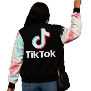TikTok Influencer Varsity Bomber Jacket Black Tie-Dye Sleeve Tik Tok Logo Unisex